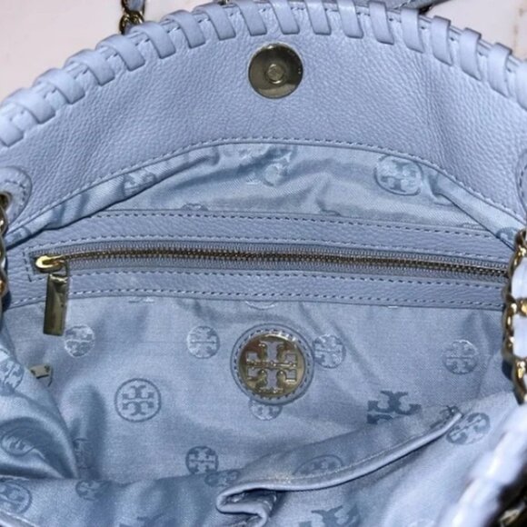 Tory Burch Periwinkle Blue Whipstitch-Trimmed Leather Shoulder Bag EUC - Picture 4 of 12